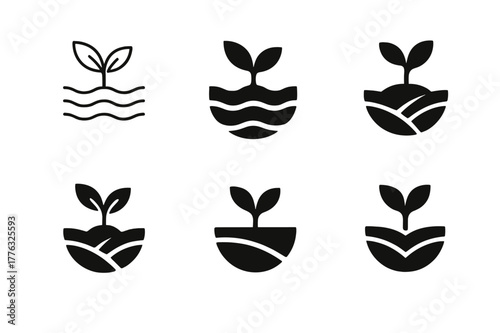 Organic Farming Logos. Organic farming. Set Logo of organic farming: sprouting seed in soil layers. Icon set. harmonious logo variations of the same emblematic