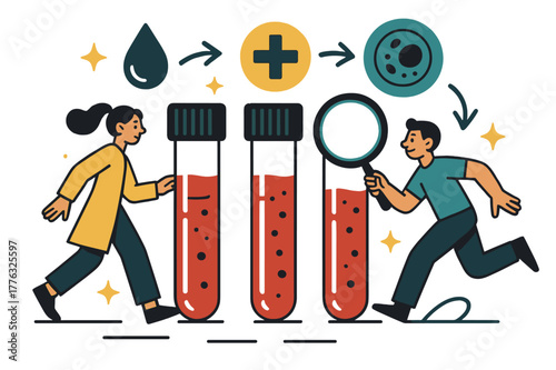 Dynamic Blood Test Illustration. Blood test. Close-up of blood vials with abstract floating icons, arrows, and sparkles; emphasizes testing, analysis, and
