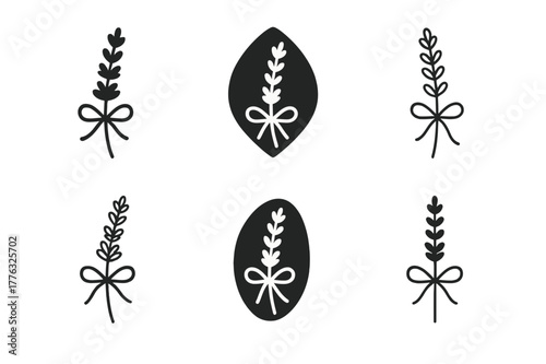 Lavender Logo Variations. Peaceful slumber. Set Logo of Peaceful slumber: lavender sprig tied with ribbon. Icon set. harmonious logo variations of the same