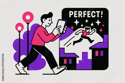 Night City Gaming. Playing a mobile game on the go ? Night city stroll. Streetlights become glowing orbs; the character swipes to jump rooftops. ?PERFECT!?