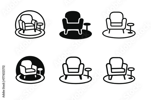 Cozy Corner Logos. Setting up a cozy corner with comfy seating for casual chats. Set Logo of cozy corner: round rug under seating. Icon set. harmonious logo
