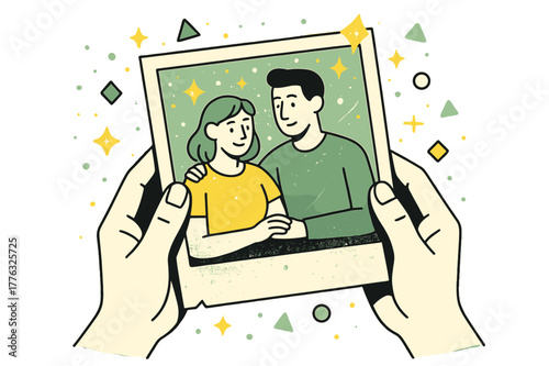 Sentimental Dusty Photograph. Dusty Photograph. Hands holding an aged, dusty photograph with floating abstract geometric dust particles and soft glowing