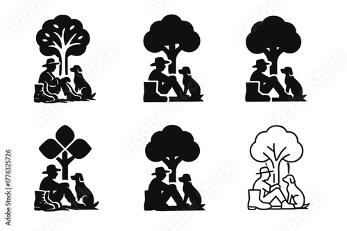 Farm Boots Logo Variations. A farmer and his dog taking a break under the shade of a tree. Set Logo of A farmer and his dog taking a break under the shade of a