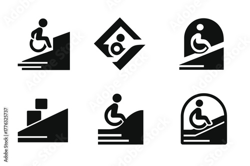 Urban Design Solutions. Barriers and solutions in urban design. Set Logo of Barriers and solutions in urban design: accessible ramp linking two street levels.