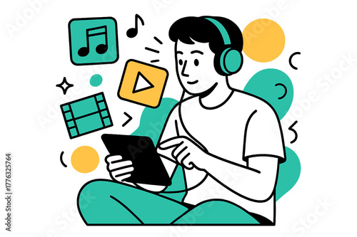 Immersive Media Experience. Media Consumption Habits. Person using headphones and tablet with floating abstract geometric music and video icons, immersive and