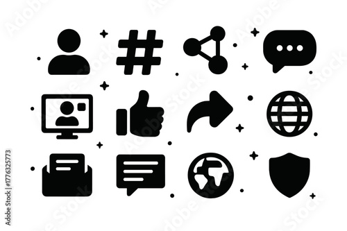 Digital Networking Icons. Online Community and Networking. Solid icons set of Online Community and Networking: profile avatar, hashtag, group nodes, message