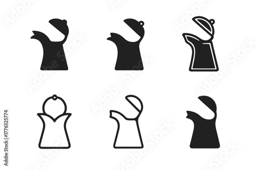 Tea Kettle Logo Set. tea kettle spout. Set Logo of tea kettle spout: hinged dust cover on spout. Icon set. harmonious logo variations of the same emblematic