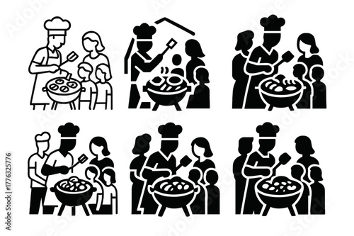 Backyard BBQ Logos. A family enjoying a BBQ in the backyard, with grilled meats and vegetables. Set Logo of A family enjoying a BBQ in the backyard, with