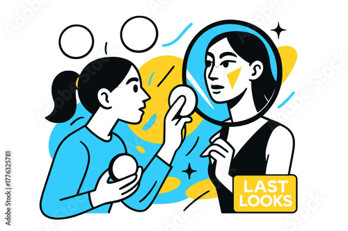 Final Touches Aesthetic. Behind-the-scenes filming ? Makeup touch-up. Powder puffs into clean circles; a mirror reflects geometric cheeks and a steady hand.