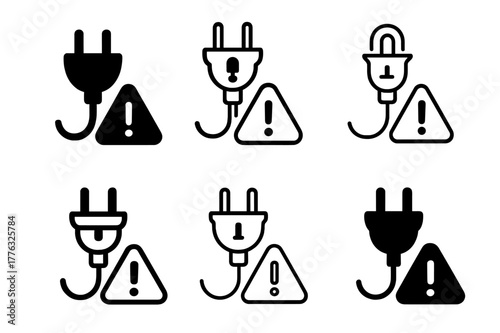 Extension Cord Safety Logos. Extension cord safety. Set Logo of Extension cord safety: grounded plug with warning tag. harmonious logo variations of the same