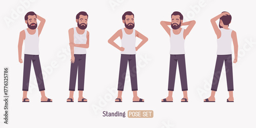 Middle aged man in home casual relaxed wear standing pose set. Bearded guy white, sleeveless wifebeater undershirt, comfy lounge pajama jogger pants, slippers. Vector flat style cartoon illustration