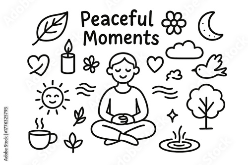 Peaceful Meditation Icons. Peaceful moments. Hand-drawn doodle illustration peaceful moments person meditating, leaf, candle, flower, heart, cloud, sun, breeze