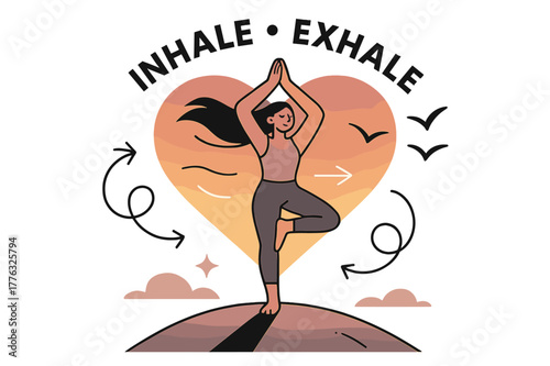 Sunset Yoga Serenity. Sunset yoga. A character holds tree pose atop a gentle hill; the sun melts into a heart-shaped gradient. ?Inhale ? Exhale? arcs as birds