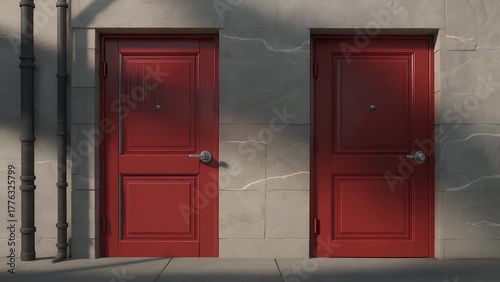 Singular Vibrant Crimson Portal Situated Between Multiple Deep Azure-Hued Entryways in a Three-Dimensional Digital