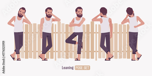 Middle aged man, casual relaxed home wear leaning pose set. Bearded guy white, sleeveless wifebeater undershirt, comfy lounge pajama jogger pants, home slippers. Vector flat style cartoon illustration