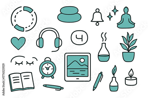 Mindfulness Meditation Tech Icons. // Mindfulness & meditation tech. Hand-drawn doodle illustration mindfulness & meditation tech [breath pacing circle
