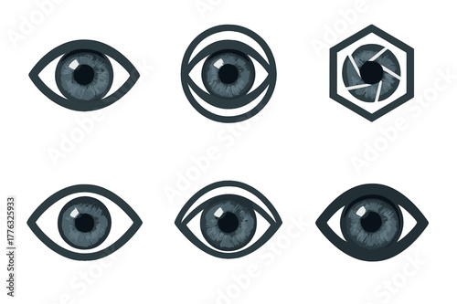 AI Eye Logos. AI realism. Set Logo of AI realism: photoreal eye with pixel aperture. Icon set. harmonious logo variations of the same emblematic concept, each