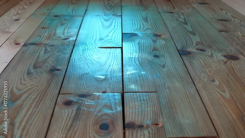 Artistic Abstract Background Featuring a Painted Wooden Plank Surface in Bright Turquoise Hues Over a Blue