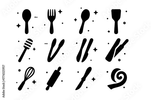 Handcrafted Wooden Utensils Icons. Handmade Wooden Utensils. Solid icons set of Handmade Wooden Utensils: spoon, fork, ladle, spatula, honey dipper, salad
