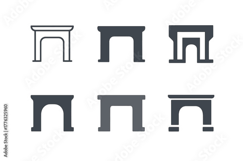 Fireplace Mantel Logos. fireplace mantel. Set Logo of fireplace mantel: classic mantel shelf. Icon set. harmonious logo variations of the same emblematic
