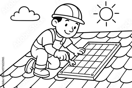 Solar Panel Installation. Installing solar panels children?s coloring book illustration, outlined drawing, a friendly worker on a roof fixing a rectangular