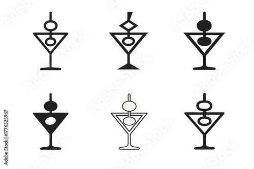 Gourmet Logo Variations. Private chef and catering services. Set Logo of cocktail canapes: skewered bites beside a martini outline. Icon set. harmonious logo