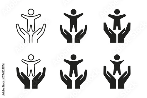 Family Transition Logos. Supporting teens through family transitions. Set Logo of supporting teens through family transitions: open hands lifting a growing