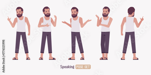 Middle aged man, casual relaxed wear speaking, talk pose set. Bearded guy white, sleeveless wifebeater undershirt, comfy lounge pajama jogger pants, slippers. Vector flat style cartoon illustration