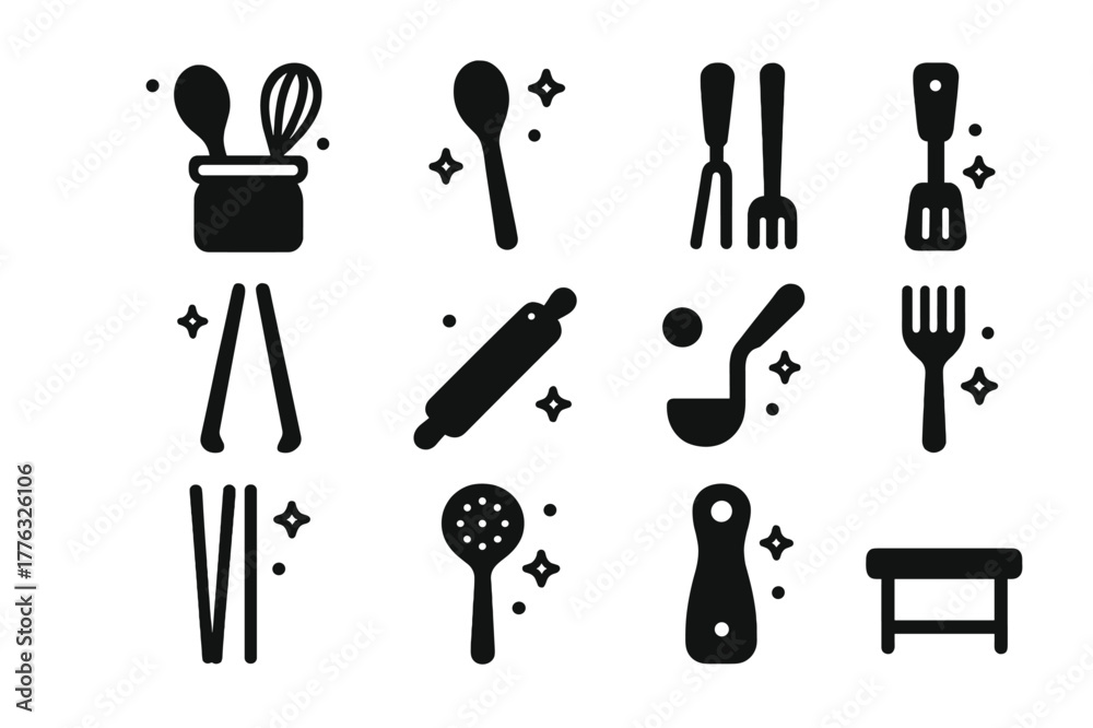 Obraz premium Kitchen Utensil Icons. Kitchen Utensil Holder. Solid icons set of Kitchen Utensil Holder: ceramic jar, wooden spoon, whisk, spatula, tongs, rolling pin, ladle,