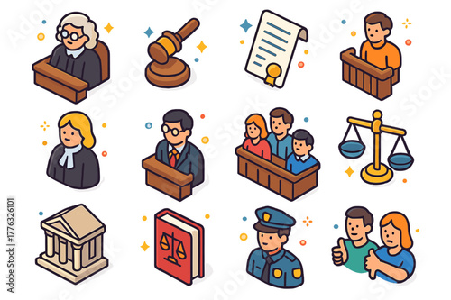 Courtroom Icons Set. Court verdict. Colorful isometric vector icons set of court verdict: judge, gavel, verdict paper, defendant, lawyer, prosecutor, jury,