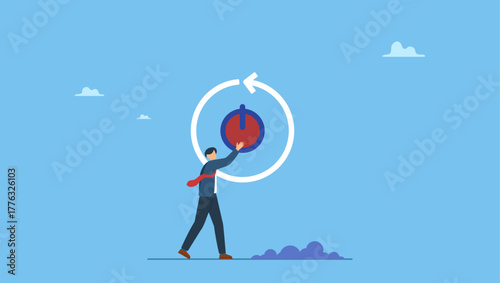 Smart businessman carefully reach his finger to press reboot or restart button. Time to reboot business or career, refresh working energy or restart new journey, change to improve outcome.