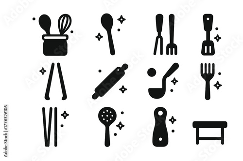 Kitchen Utensil Icons. Kitchen Utensil Holder. Solid icons set of Kitchen Utensil Holder: ceramic jar, wooden spoon, whisk, spatula, tongs, rolling pin, ladle,