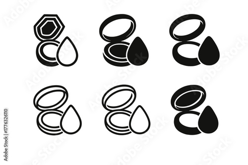 Cushion Compact Logos. Beauty blender and foundation. Set Logo of cushion compact: round compact with sponge pad. Icon set. harmonious logo variations of the