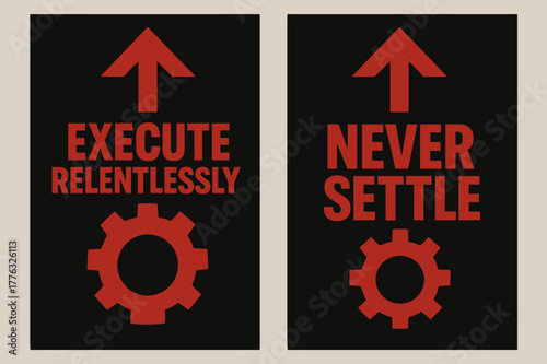 Brutalist Motivational Banners. Execute relentlessly. Two vertical A6 banners with safe margins, centered composition, no elements touching edges, brutalist,