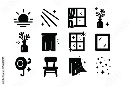 Golden Hour Icons. Golden Hour Window Light. Solid icons set of Golden Hour Window Light: low sun, warm rays, long shadows, window frame, dried flowers, amber