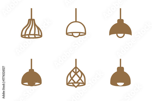 Wooden Logo Designs. Natural wood furniture and neutral tones in design. Set Logo of natural wood furniture and neutral tones in design: wooden pendant lamp.