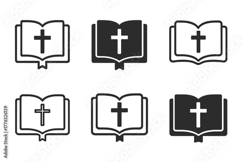 Christian Logo Variations. Christianity and its influence on Western culture. Set Logo of Christianity and its influence on Western culture: open Bible with