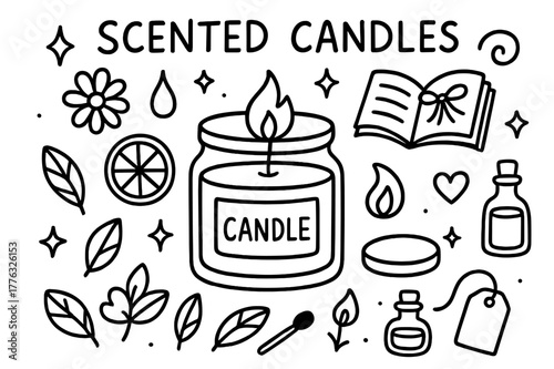 Scented Candle Doodle. Scented candles. Hand-drawn doodle illustration Scented candles glass jar, lid, flower, citrus slice, droplet, leaf, sparkle, book,