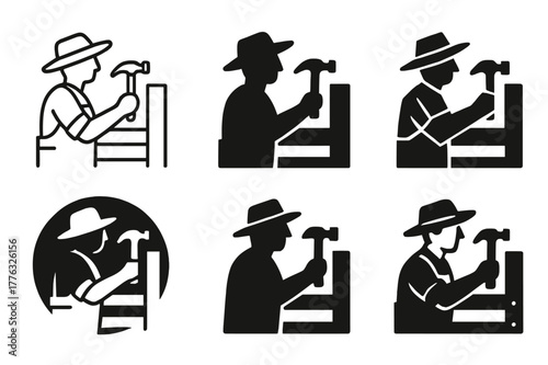 Fence Repair Logos. A farmer repairing a wooden fence in a field. Set Logo of A farmer repairing a wooden fence in a field: hammer and nails on fence post.