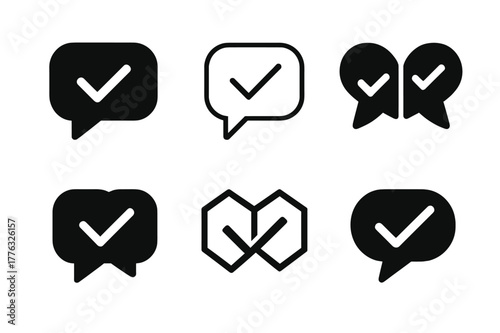 AI Logo Variations. AI realism. Set Logo of AI realism: Turing test chat bubbles with check. Icon set. harmonious logo variations of the same emblematic