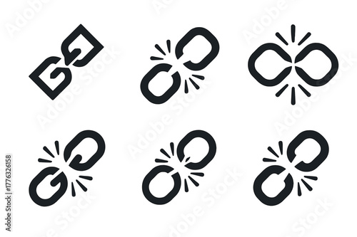 Supply Chain Logos. Supply chain loss. Set Logo of Supply chain loss: severed link in chain. harmonious logo variations of the same emblematic concept, each