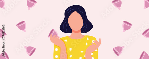 Caucasian woman holding menstrual cups on pink background. Menstruation, gynecology, and women’s health concept