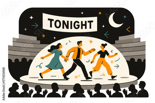 Moonlit Stage Performance. Open-Air Amphitheater Performance. Actors stride across a semicircular stage; moonlight washes the stone tiers as ?Tonight? glows on