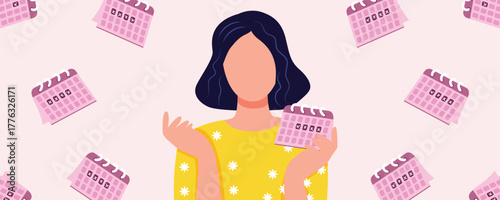 Caucasian woman holding menstrual calendar on pink background. Menstrual cycle tracking and women’s health