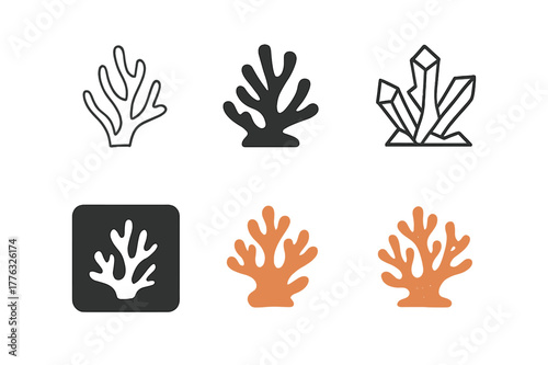 Coral Reef Logos. Aquatic life and underwater creatures. Set Logo of coral reef cluster: Minimal outline, Filled silhouette, Abstract geometric, Negative