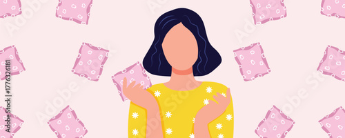 Caucasian woman with menstrual products and sanitary pads on pink background. Female hygiene and women’s health banner