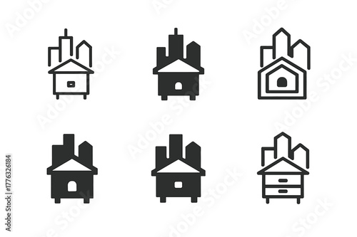 Urban Beekeeping Logos. Suburban beekeeping with urban landscapes. Set Logo of Suburban beekeeping with urban landscapes: hive box beside city skyline. Icon