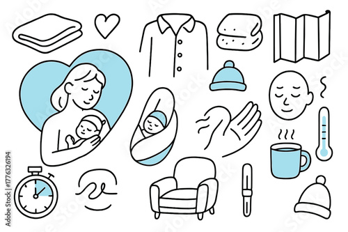 Skin-to-Skin Essentials. Skin-to-skin contact. Hand-drawn doodle illustration skin-to-skin contact heart outline (accented), warm blanket, button-down shirt