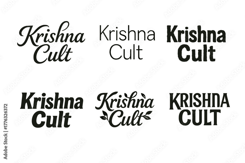 Obraz premium Krishna Lettering Variations. Krishna Cult. Set lettering. harmonious lettering variations of the same emblematic concept, each with different artistic