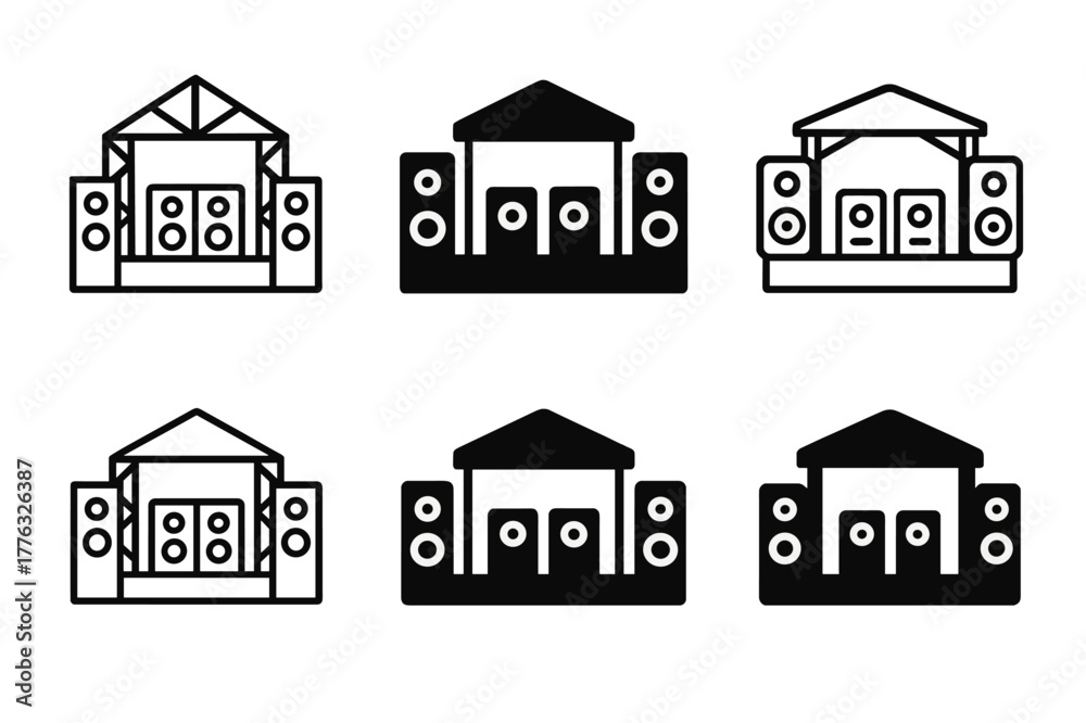 Fototapeta premium Music Festival Logos. Social gatherings and celebrations. Set Logo of music festival: stage with speakers. Icon set. harmonious logo variations of the same